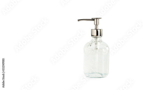 reusable bottle of hand sanitizer gel to wash hands for flu virus prevention, alcohol hand gel, isolate on white background