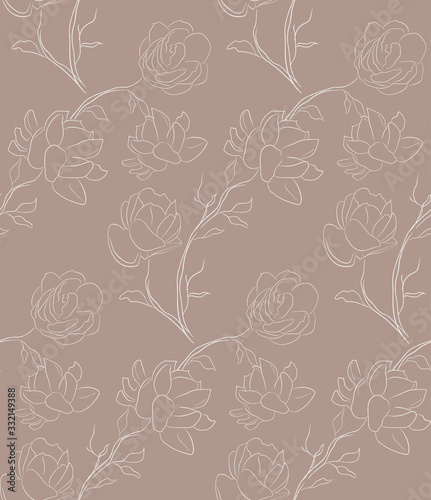 Colorful Hand Drawn Line Drawing Doodle Floral Seamless Pattern with Jasmine Flowers, Leaves, Branches. Vector Illustration. Branding. Swatch