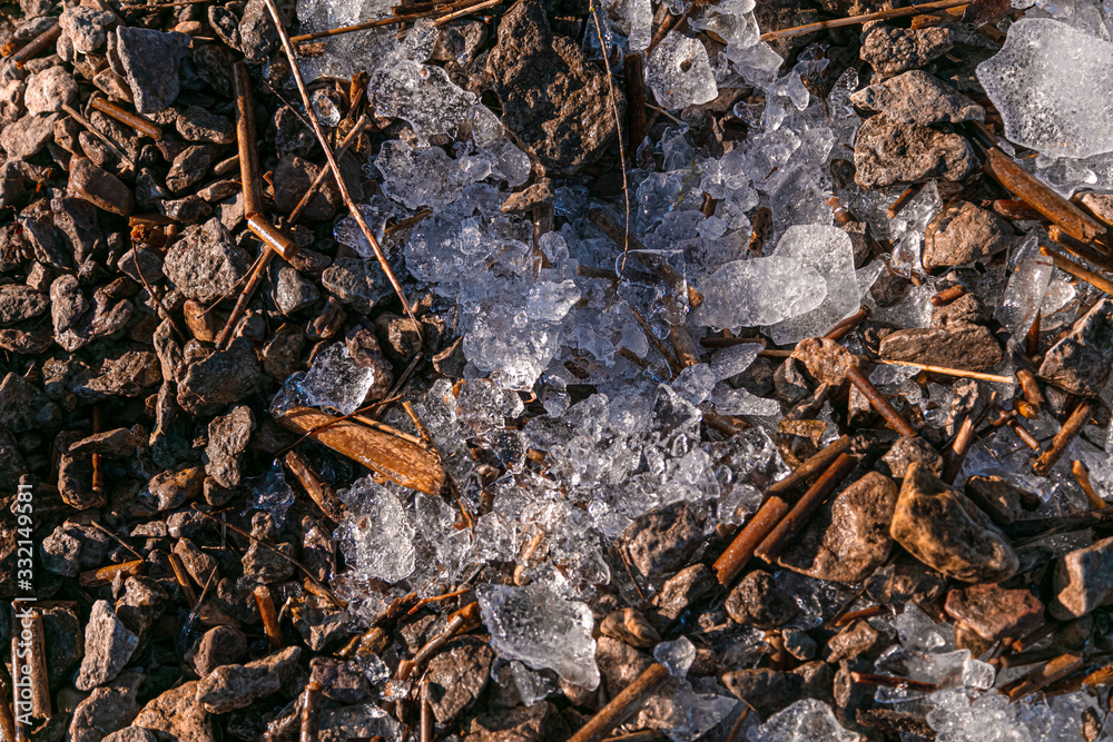 Background close-up, ice and stones