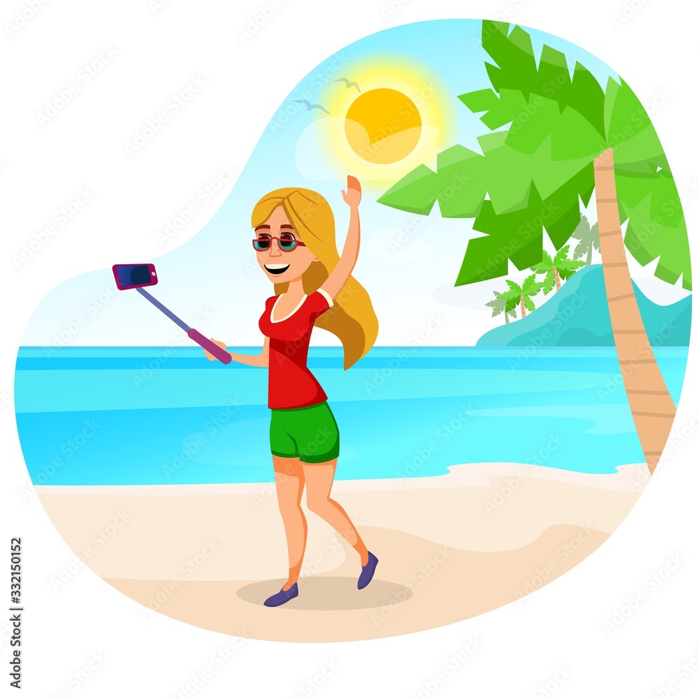 Girl with Loose Blonde Hair, Holding Smartphone on Selfie Stick, Making Photo or Talking to Someone Online against Super Picturesque Tropical View with Ocean and Palm Trees. Cute Cartoon Character.
