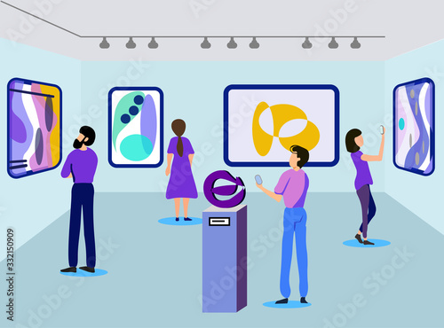 Cartoon People Characters in Art Gallery with Futuristic Structural Exposition and Modern Abstract Paintings. Man and Woman Look at Works. Tourists Taking Pictures with Artworks. Vector Illustration