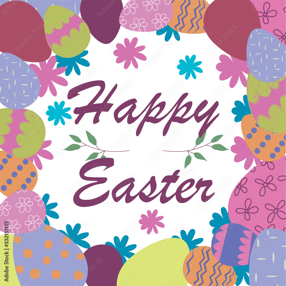 happy easter card with colored eggs and spring flowers. decorative frame from eggs. vector illustration happy easter card with colored eggs and spring flowers. decorative frame from eggs. vector illustration