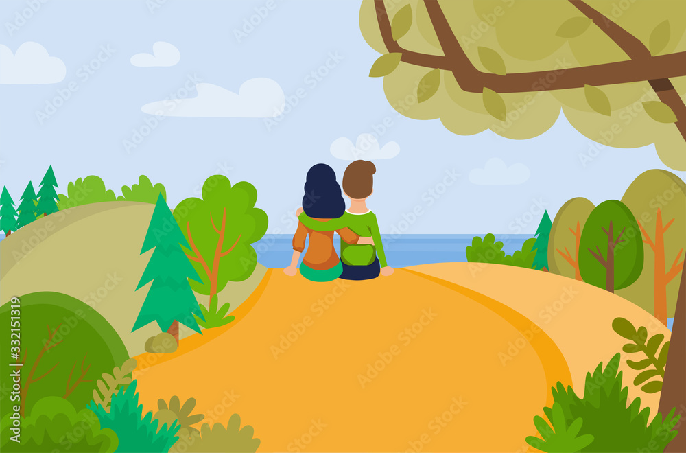 Lovely Couple Sitting on Hill Enjoy Nature Vector Illustration. Man and  Woman Hugging. Back View. Flat Natural Beautiful Landscape. Cartoon People  in Love on Romantic Vacation. Dating and Relationship Stock Vector |