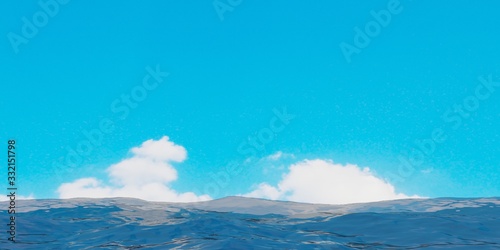 3D sea3D rendering sea on blue sky.Ocean surface panorama.Landscape cloudscape and sunlight background.Surface seascape on scene summer season.Travel wallpaper.Nature wave water horizontal.Outdoor in 