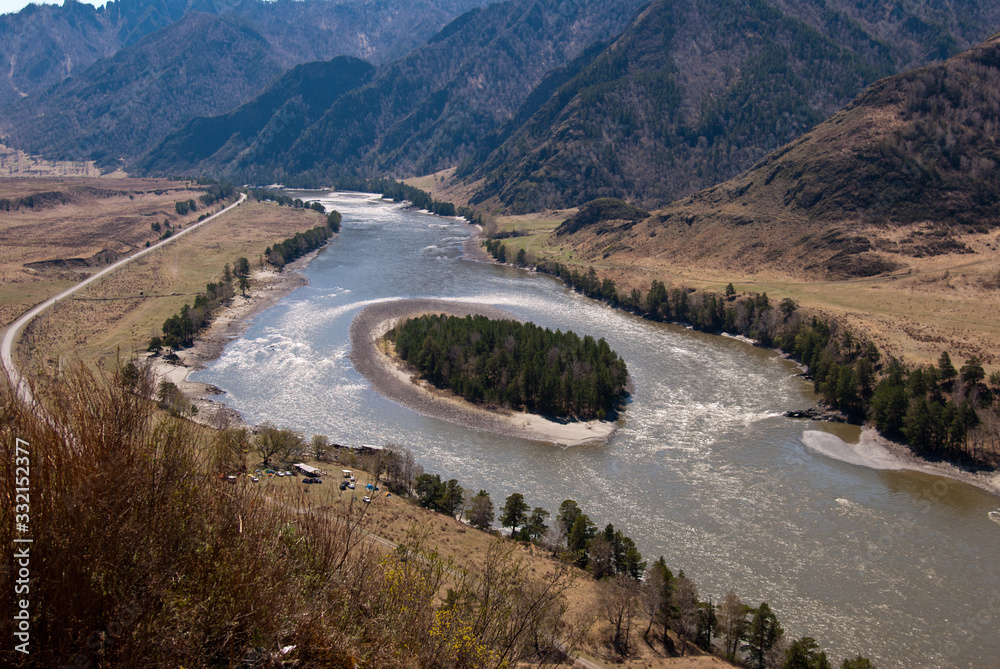 Panorama view of the valley and the river Katun.