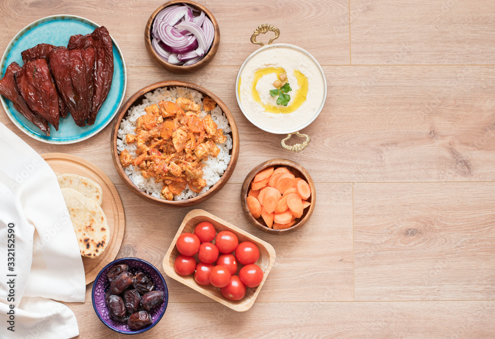 Iftar Food Table. Evening Meal For Ramadan. Arabic Cuisine. Middle Eastern Traditional Lunch. Assorted Of Egyptian Oriental Dishes. Top View. Copy Space Iftar Food Table. Evening Meal For Ramadan. Arabic Cuisine. Middle Eastern Traditional Lunch. Assorted Of Egyptian Oriental Dishes. Top View. Copy Space