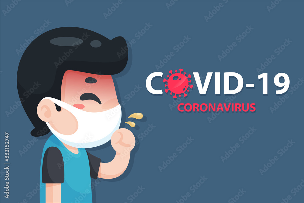 Vector cartoon young Chinese man has a high fever and cough from the flu of the corona virus