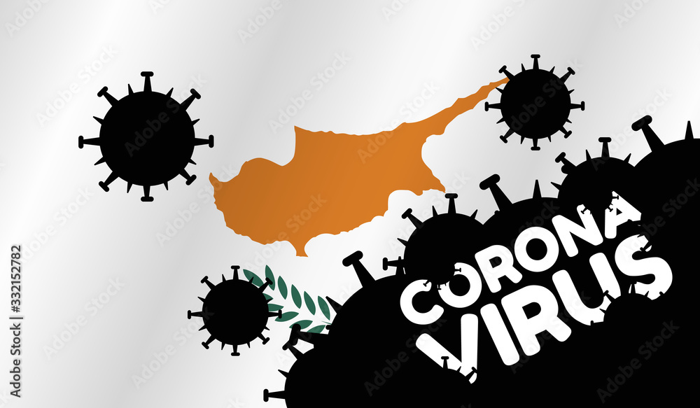 Coronavirus in Cyprus . Flag of  Cyprus,  words Corona Virus and virus silhouette