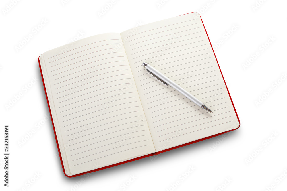 Blank open notebook on white background, included clipping path. Red notepad with pencil Blank open notebook on white background, included clipping path. Red notepad with pencil