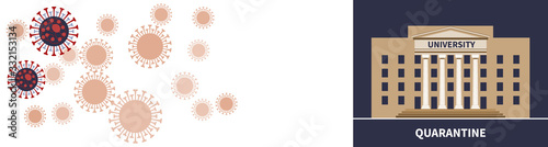 University quarantine topic on viral cell backdrop