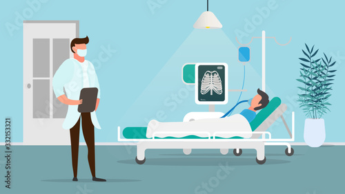 Patient with lung disease. A person lies connected to an artificial lung pulmonary apparatus. The ward, the hospital, the doctor, the patient. A windshield illustration.