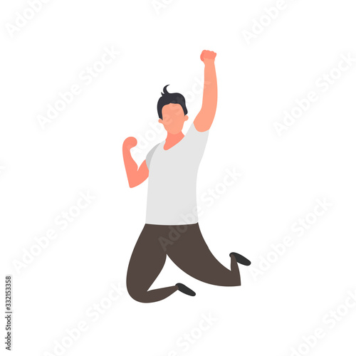 Man in a jump with a raised hand. Isolated on a white background. The symbol of victory. Vector.