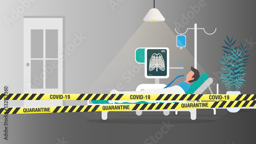 Patient with lung disease. A man lies on an artificial pulmonary apparatus. Ward, hospital, patient. Vector.