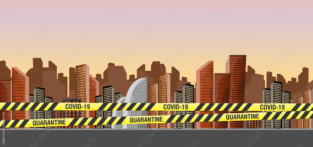 The city is quarantined. Coronavirus in the city. Yellow ribbons with black stripes. Vector illustration.