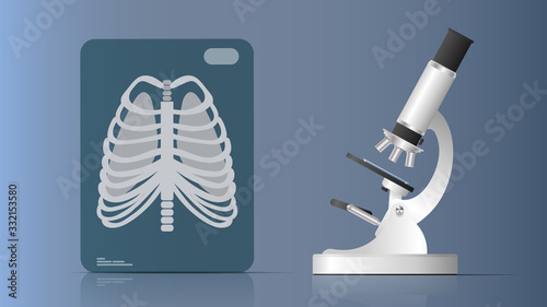 Realistic white microscope. X-ray of the lungs on a gray background. Vector illustration
