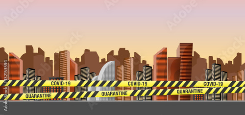 The city is quarantined. Coronavirus in the city. Yellow ribbons with black stripes. Vector illustration.