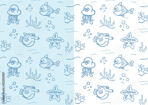 Seamless texture with draw fishes. Prints for textiles with sea inhabitants. Printing on fabric. Illustration for wallpaper for children.