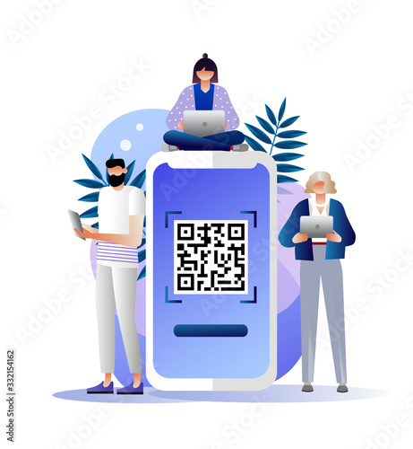 QR code scanning vector illustration concept, people use smartphone and scan QR code for payment and everything