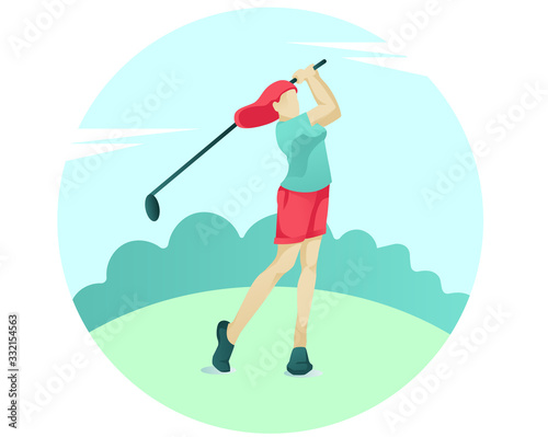 Cartoon Young Woman Playing Golf with Flat Club on Green Court. Female Athlete Player Training on Course. Outdoor Sport Activity or Hobby. Healthy Lifestyle. Vector Isolated Illustration