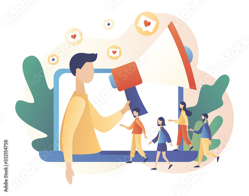 Social media influencer. Key Opinion Leader. Blogger man with megaphone and Tiny people followers. Influencing audiences. SMM. Modern flat cartoon style. Vector illustration on white background	