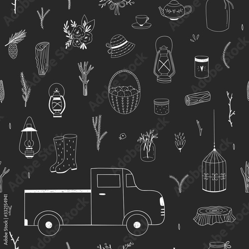 Seamless pattern with village illustrations. Countryside style vector background with rustic elements