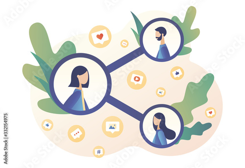 Share concept. Tiny people sharing data, links, photos, posts and news in social networks. Modern flat cartoon style. Vector illustration on white background