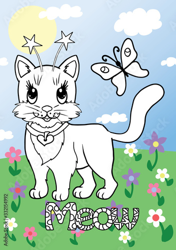 children's coloring book with a cute cat on a colored background