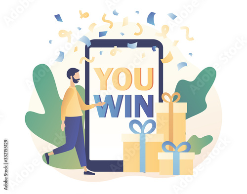 You Win text on screen smartphone. Congrats winner on falling down confetti background. Modern flat cartoon style. Vector illustration on white background	