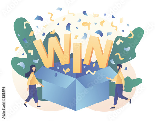 Open box with confetti explosion inside and WIN word. You Win Concept. Tiny people congrats winner. Modern flat cartoon style. Vector illustration on white background	