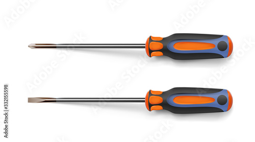 Set of professional realistic screwdrivers with a plastic handle. Hand metal tools isolated on white background. Vector illustration. Cruciform, slotted for repair and construction.