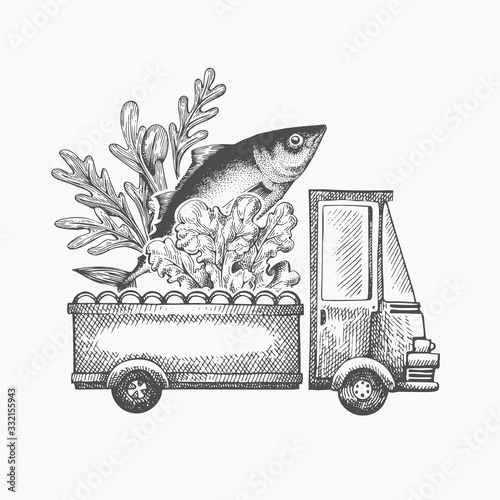 Food shop delivery logo template. Hand drawn vector truck with vegetables and fish illustration. Engraved style retro food design.