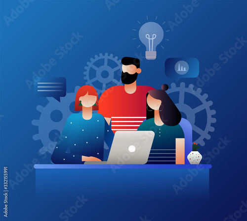 Team work, businessmen discuss projects, social networks, news, chat, dialogue speech bubbles, flat style, project management. 