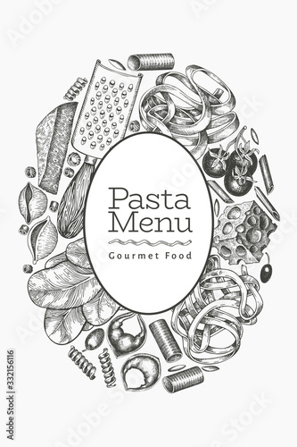 Italian pasta with additions design template. Hand drawn vector food illustration. Engraved style. Vintage pasta different kinds background.