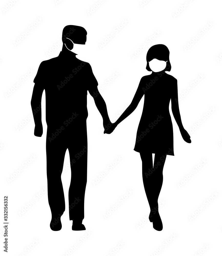 Couple in medical face. Front view people silhouette. Black vector icon