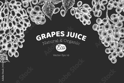 Grape design template. Hand drawn vector grape berry illustration on chalk board. Engraved style retro botanical banner.