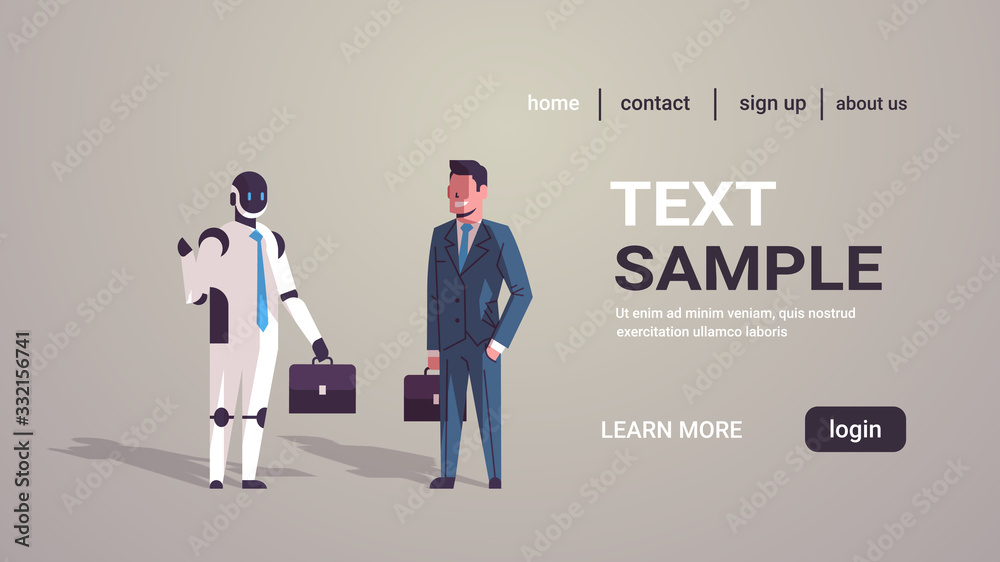 businessman standing with robotic character human vs robot business automation artificial intelligence technology concept horizontal copy space full length vector illustration