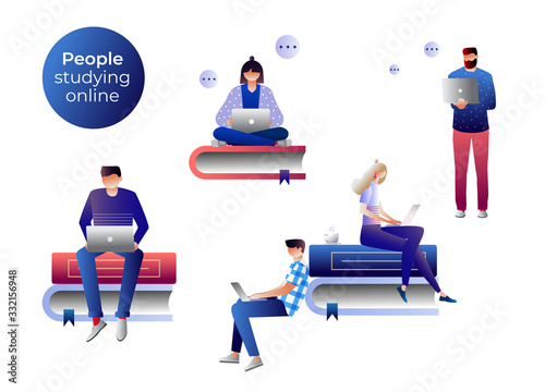 Collection of people reading or students studying and preparing for examination.