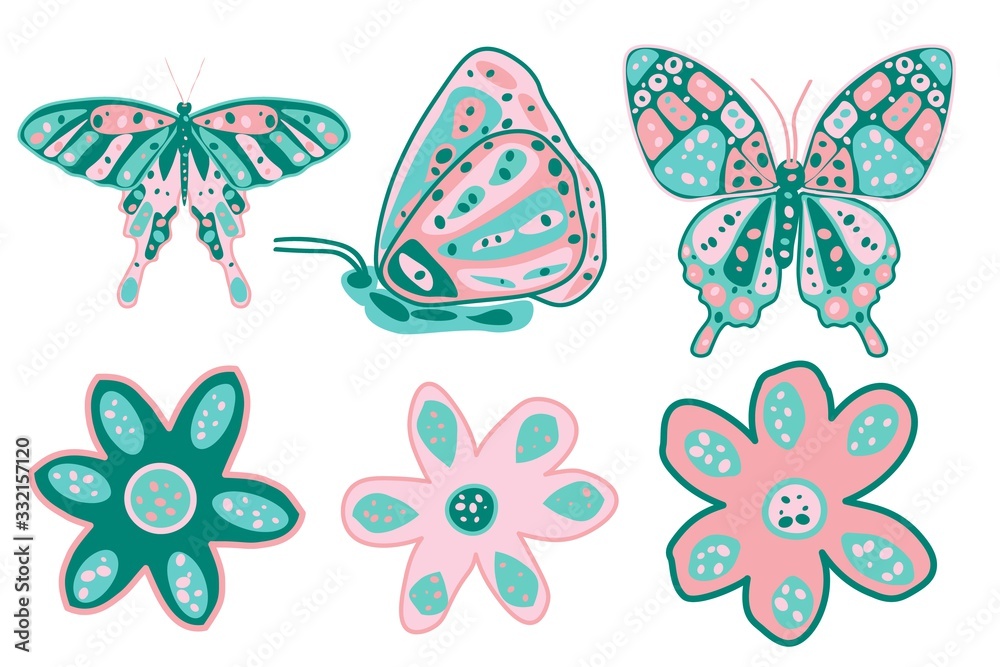 Set of hand drawn butterflies and flowers, doodle, boho style, bright colorful design elements isolated on white.