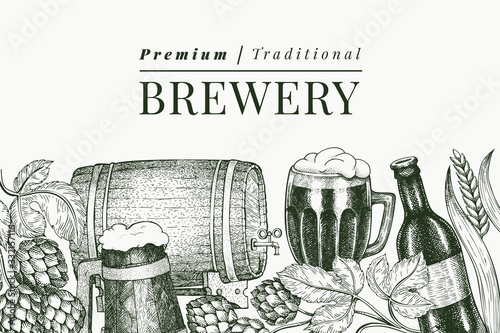 Beer glass mug and hop design template. Hand drawn vector pub beverage illustration. Engraved style. Retro brewery illustration.
