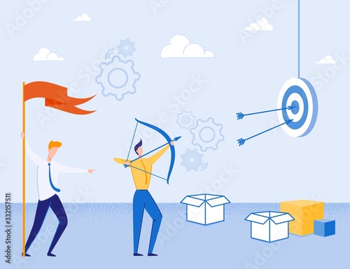 Creative Way to Achieve Business Goal Metaphor. Man Holding Red Winner Flag. Guy Aiming with Bow at Target. Thinking Out Box. Increase Motivation. Successful Mission. Vector Flat Cartoon Illustration