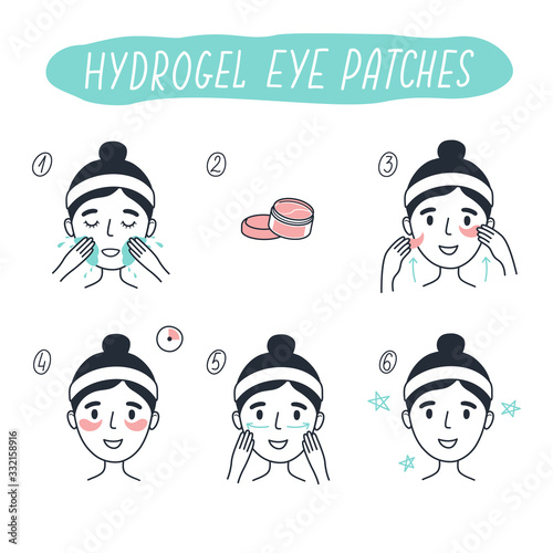 Steps how to apply hydrogel eye patches. Line vector elements on a white background.