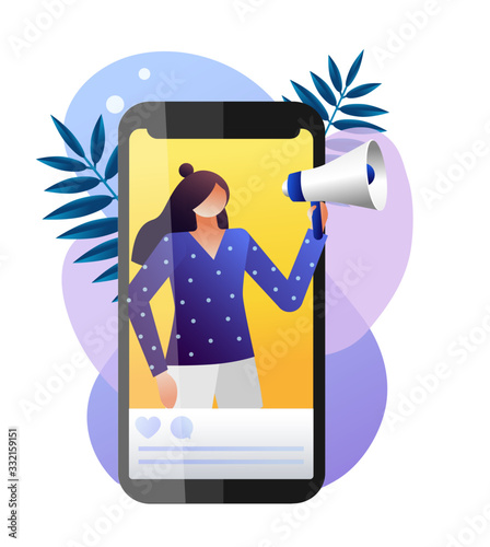 Mobile phone, woman with megaphone on screen
