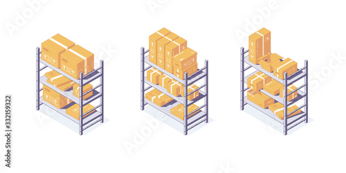 Isometric warehouse boxes equipment rack pallets and shelf. 3d box pallets shelving racking vector illustration