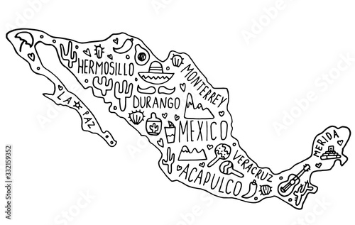 Hand drawn doodle Mexico map. Mexican city names lettering and cartoon landmarks,