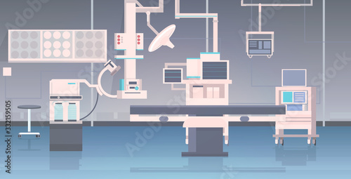 hospital operating table and medical devices modern clinic surgery room interior intensive therapy surgical procedures concept horizontal vector illustration