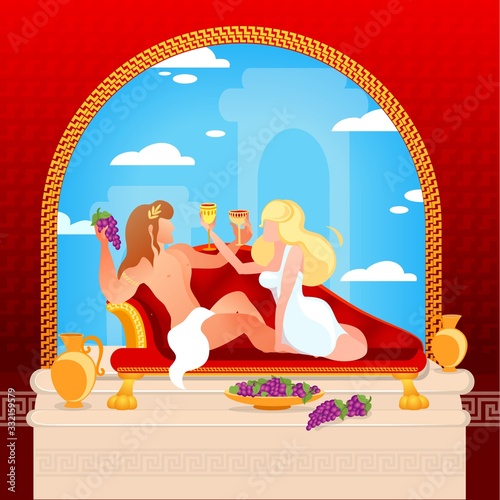 Beautiful Couple of Dionysus and Ariadne Gods of Greek Mythology Sitting on Sofa Drinking Wine and Eating Grapes under Arch on Cloudy Sky Background. Myths and Legends Cartoon Flat Vector Illustration