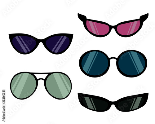 Modern eyewear frames. Retro, trendy women and men glasses.  Set of sunglasses. Hand drawn vector illustration for web design.