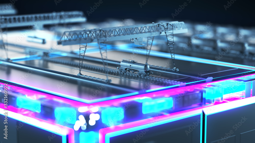 Factory for the production of wagons. Abstract image of information flow. technology cube for providing information. DOF