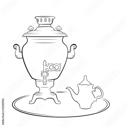 Samovar, a metal container traditionally used to heat and boil water in Russia. Samovars usually have a ring-shaped attachment to hold and heat a teapot. Black and white sketch of samovar and teapot. 