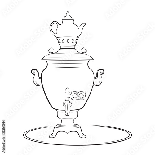 Samovar, a metal container traditionally used to heat and boil water in Russia. Samovars usually have a ring-shaped attachment to hold and heat a teapot. Black and white sketch of samovar and teapot. 